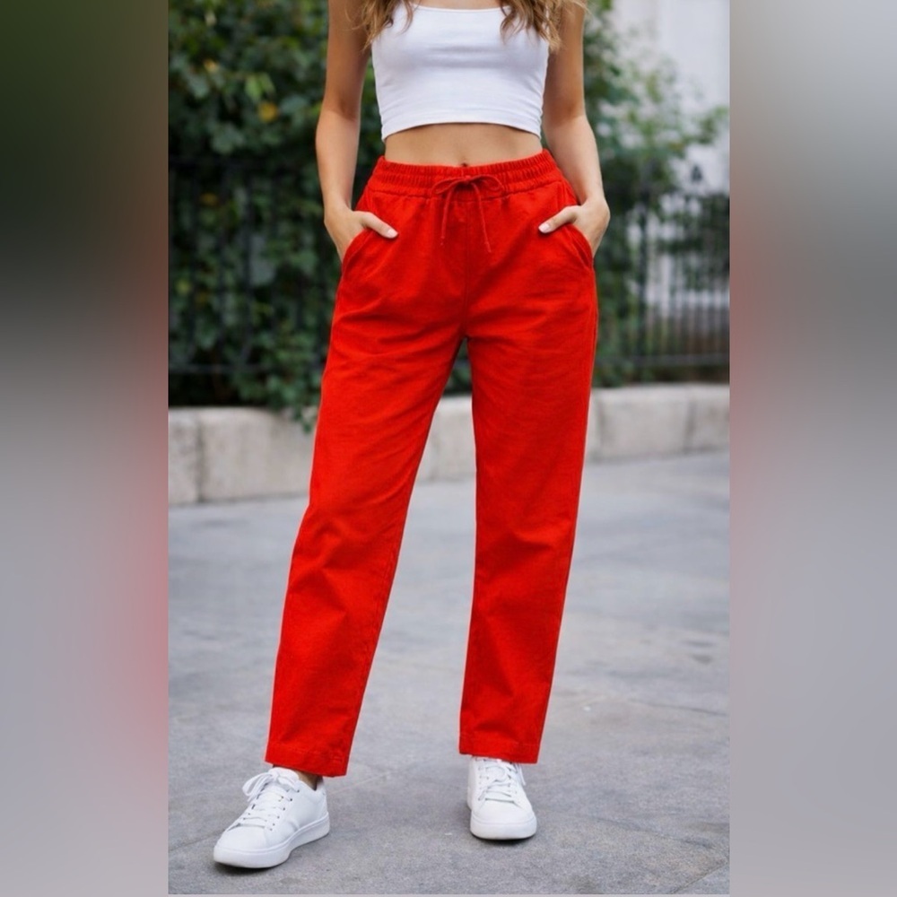 J.Crew Pants Orange Straight Leg Elastic Waist Drawstring Linen Size 6